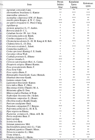 Tabel 1  Hasil pengamatan fungi mikoriza arbuskula pada 50 contoh tanah dan akar tumbuhan bawah 