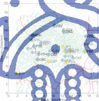 Gambar 4.1. Sebanyak 23 stasiun gempa digunakan dalam penelitian ini. Bulatan  kuning merupakan stasiun permanen dan warna biru muda adalah  stasiun temporer