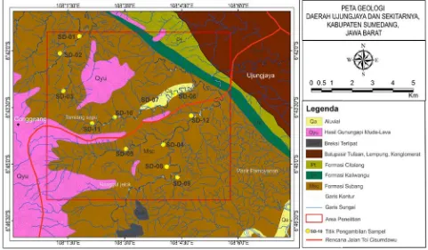 Gambar 2.  Peta geologi Daerah Ujungjaya dan sekitarnya (digambar ulang dari Djuri (1973)) serta lokasi pengambilan sampel batulempung Formasi Subang