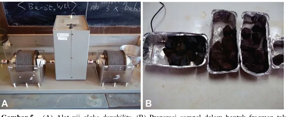 Gambar 5.  (A) Alat uji slake durability. (B) Preparasi sampel dalam bentuk fragmen tak 