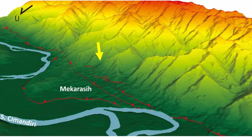 Gambar 9. Morfologi perbukitan dan teras pada bagian selatan sungai Cimandiri. Teras (segitiga putih) terlihat pada perbedaan ketinggian sawah