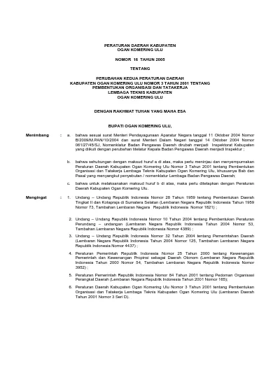 PERDA KABUPATEN OKU NOMOR 16 TAHUN 2005 TENTANG PERUBAHAN PERDA NOMOR 3 ...