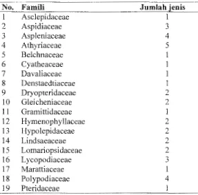 Tabel 3. Jumlah famili dan jenis vegetasi penutup tanah divisi Pteridophyta di hutan gunung Sinabung 