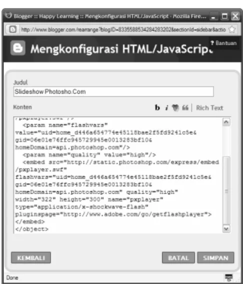 Gambar 6.17. Menulis Judul Slideshow dan Mem-paste  Script HTML ke dalam Kotak Konten  7