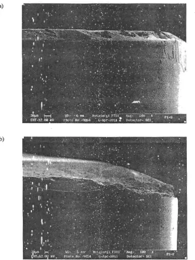 Gambar 4-1 Keadaan aus pahat (a) aus tepi I flank wear (nomor pengujian 1), dan (b) aus katastropik (nomor pengujian 10) 