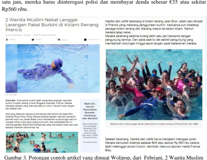 Gambar 3. Potongan contoh artikel yang dimuat Wolipop, dari  Febriani, 2 Wanita Muslim  Nekat Langgar Larangan Pakai Burkini di Kolam Renang Prancis, 2019 