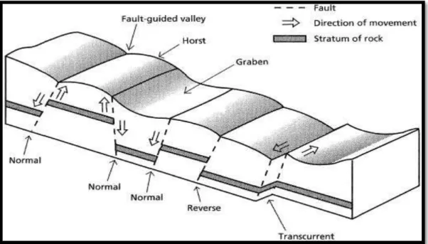 Gambar 3. Jenis-jenis patahan pada satuan batuan (Simpson, 1968).  Berdasarkan arah gerakan batuan di  sepanjang bidang patahan dikenal  lima  tipe-tipe patahan, yaitu normal fault, reversa fault, strike-slip fault, obligue-slip fault,  dan  rotation fault