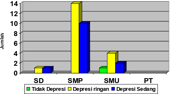 Grafik 3. Distribusi depresi berdasarkan tingkat pendidikan.1 orang berpendidikan SD (3%) depresi ringan, 1 orang berpendidikan SD (3%) depresi sedang, 14 orang berpendidikan SMP (42,4%) depresi ringan, 10 orang berpendidikan SMP (30,3%) depresi sedang, 1 orang berpendidikan SMU (3%) tidak depresi, 4 orang berpendidikan SMU 