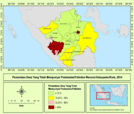 Gambar 3.2. Persentase Desa Yang Tidak Mempunyai Poskesdes/Polindes Menurut Kabupaten/Kota  di Sumatera Selatan, 2014  