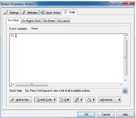 Gambar 8. Tab Script pada kotak dialog Button Properties.  Untuk menambahkan script, klik tombol Add Action