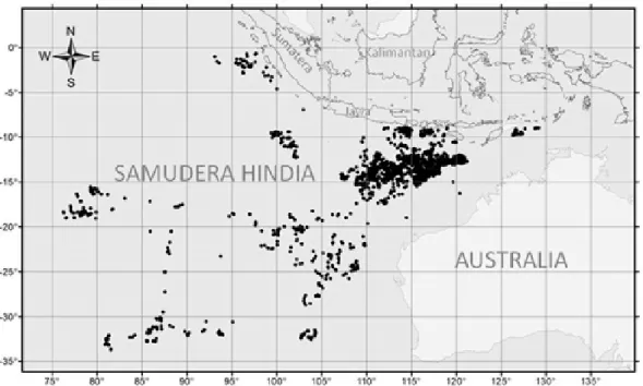 Gambar 1. Peta daerah penelitian periode 2005-2013 di Samudera Hindia bagian timur