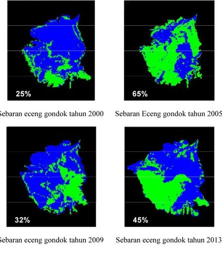 Gambar  3-5  memperlihatkan  sebaran  TSM  dan  Kecerahan  Perairan  di  Danau  Rawa  Pening  pada  tahun  2000,  2009  dan  2013