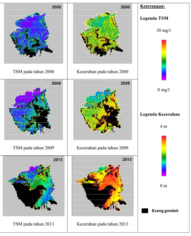 Gambar 3-5. TSM dan Kecerahan perairan di Danau Rawa Pening tahun 2000, 2009 dan 2013  Pola Kecerahan Perairan berbanding terbalik dengan pola TSM