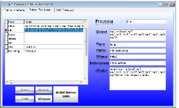 Gambar 8. Setting Server SMS Gateway  Pada  gambar  terlihat  sebuah  grid,  grid  tersebut  berisi  script-script  yang  telah  di  inputkan  oleh  administrator