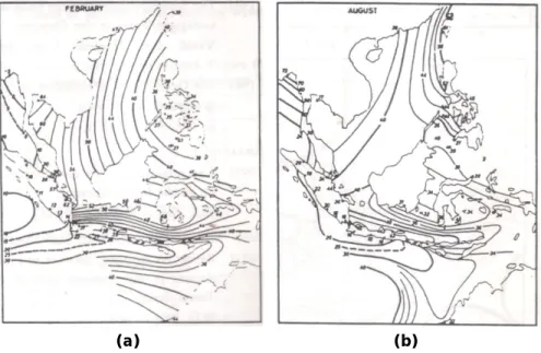 Gambar 10.  Topografi permukaan laut Indonesia pada bulan (a) Februari  dan (b) Agustus (Sumber: Wyrtki 1961) 