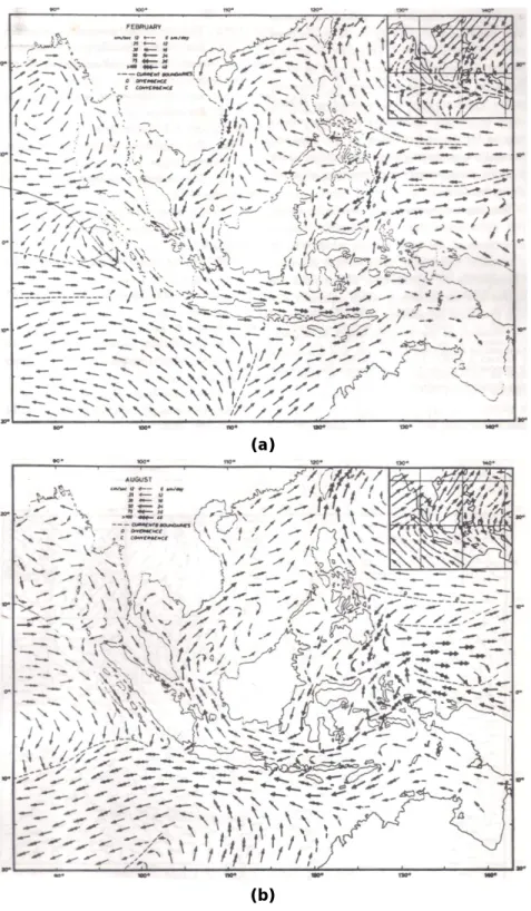 Gambar 11.  Skema arah arus lintas Indonesia pada bulan (a) Februari dan  (b) Agustus (Sumber: Wyrtki 1961) 