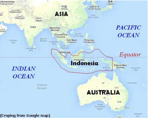 Gambar 1.  Posisi  Indonesia  sebagai  negara  maritim  terletak  di  ekuator,  merupakan  persilangan  antara  dua  samudera  (Hindia  dan  Pasifik)  dan  dua  benua  (Asia  dan  Australia),  mengakibatkan  iklim  Indonesia  menjadi  hangat,  basah,  bany