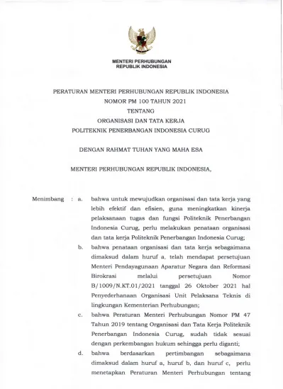 PERATURAN MENTERI PERHUBUNGAN REPUBLIK INDONESIA NOMOR PM 100 TAHUN ...