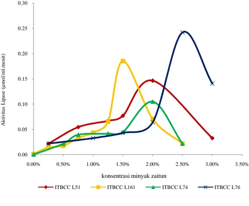 Gambar 4.16 Hubungan antara Aktivitas Lipase dengan konsentrasi minyak zaitun