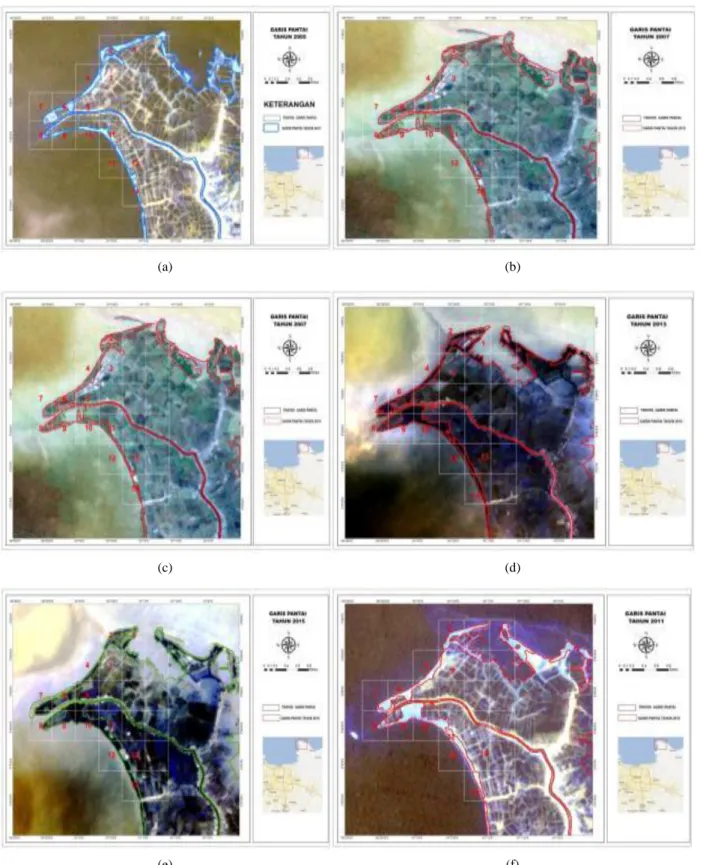 Gambar 2. Data citra landsat tahun (a) 2005, (b) 2007, (c) 2009, (d) 2011, (e) 2013, dan (f) 2015  