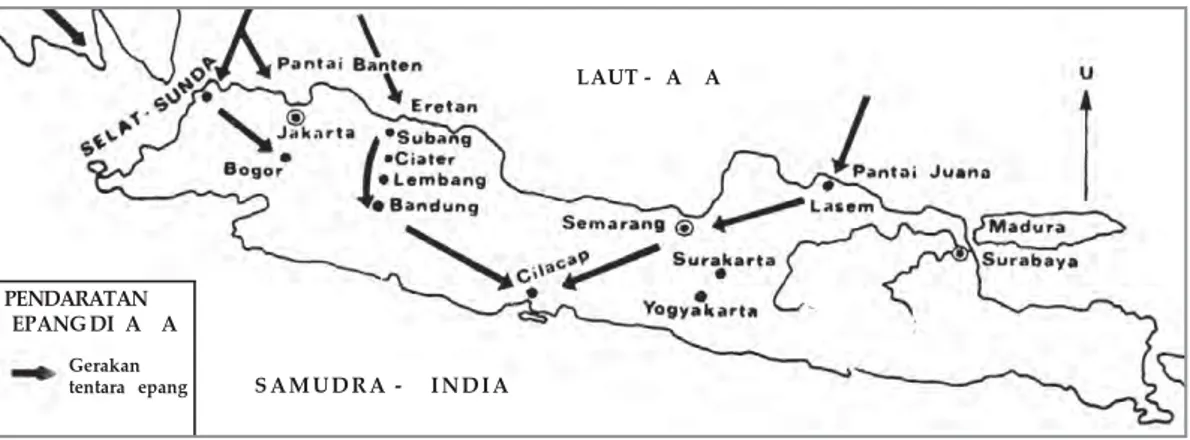 Gambar 2.9 Peta pendaratan pasukan Jepang di Pulau Jawa.