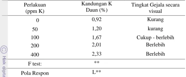 Tabel 8  Rata-Rata konsentrasi K daun berdasarkan gejala visual   Perlakuan 