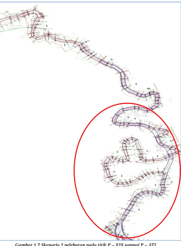 Gambar 1.7 Skenario 2 pelebaran pada titik P – 525 sampai P – 372     Sumber : PSDA (2004) 