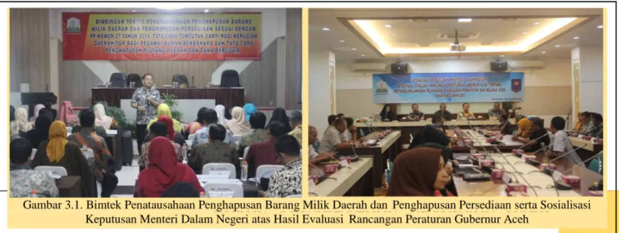 Gambar 3.1. Bimtek Penatausahaan Penghapusan Barang Milik Daerah dan Penghapusan Persediaan serta Sosialisasi  Keputusan Menteri Dalam Negeri atas Hasil Evaluasi Rancangan Peraturan Gubernur Aceh 