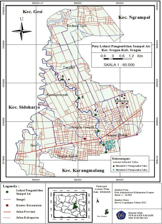 Gambar  11  Peta  Lokasi  Induatri  Tahu  Dan  Pengambilan  Sampel  Air  Kecamatan  Sragen Kabupaten Sragen 