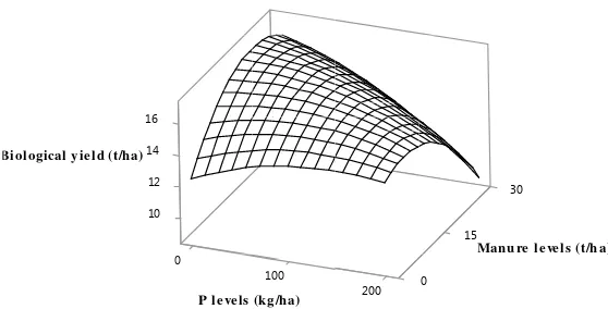 Figure 2. Response surface for biological yield in different phosphorus and manure fertilization at the constant level of 150 kg ha-1 of nitrogen