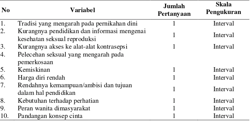 Tabel 3.2. Rincian Pertanyaan dari Variabel yang Diteliti    