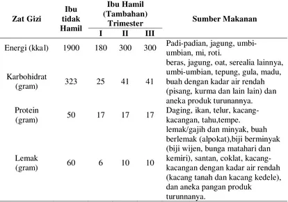 Tabel 2.3. Angka Kecukupan Gizi pada Ibu tidak Hamil dan Hamil 