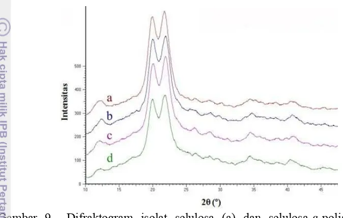 Gambar 9  Difraktogram isolat selulosa (a) dan selulosa- g-poliakrilamida 