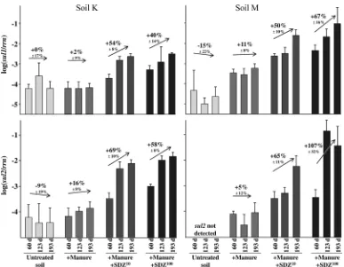 FIG. 1. Effects of antibiotic-free manure and manure containing sulfadiazine (SDZ10of the sulfonamide resistance genesquantitative real-time PCR