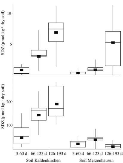 FIG. 2. Sulfadiazine concentrations in soil microcosms after treat-