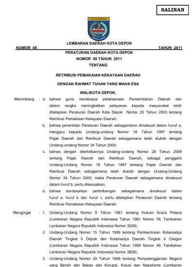 LEMBARAN DAERAH KOTA DEPOK WALI KOTA DEPOK NOMOR 08 TAHUN 2011 ...