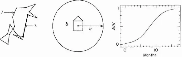 Fig. 1. Centre: schematic diagram of a tsetse fly of trap showing the radius of attraction, a, and the trapping mortality rate, fl