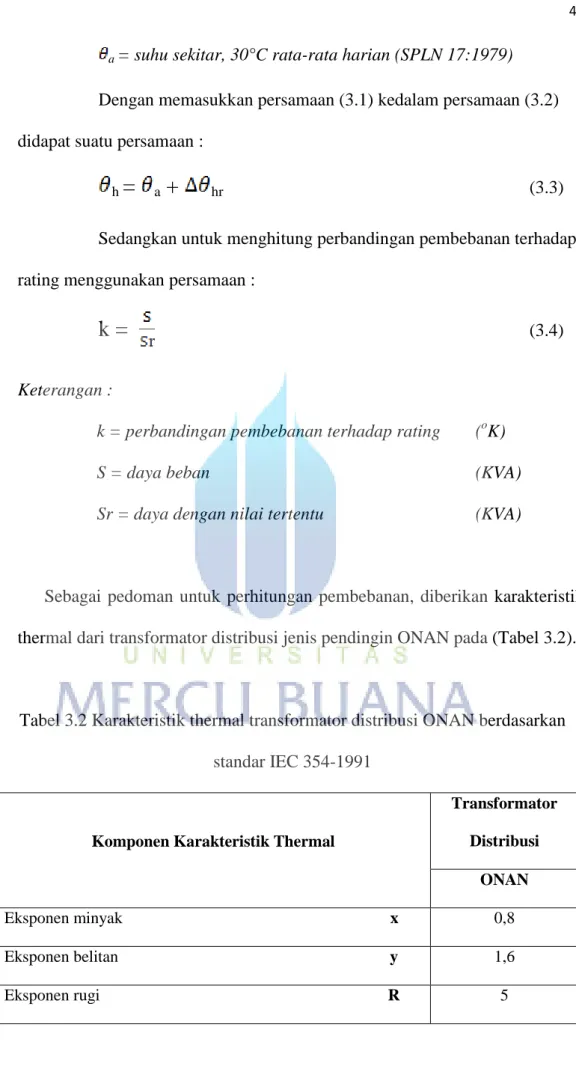 Tabel 3.2 Karakteristik thermal transformator distribusi ONAN berdasarkan  standar IEC 354-1991 
