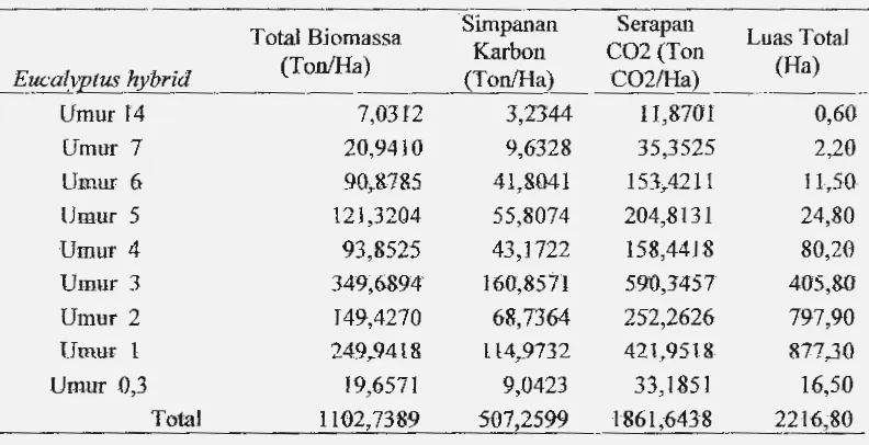 Table 4. ｐｵｴ･ｮｾｩＺ＠tota-1 biumass, ｾＢｩｭｰ｡ｮ｡ｮ＠karbon dan serapan karbon pada berbagai umurtanaman E.hibrida (potensi pada seluruh tegakan di areal penelitian) 