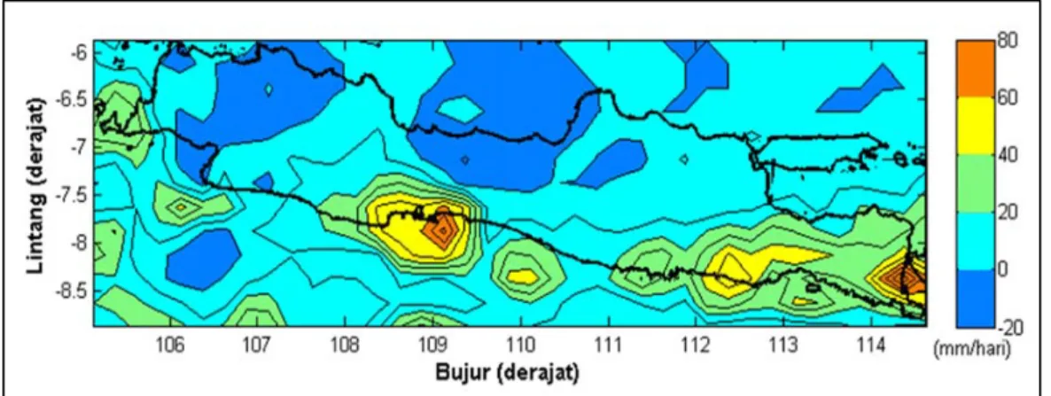 Gambar 2: Sebaran anomali curah hujan harian tanggal 18 September 2010  Sebaran anomali curah hujan harian tanggal 18 September 2010 di Pulau Jawa saat  terjadi anomali maksimum ditampilkan pada Gambar 2