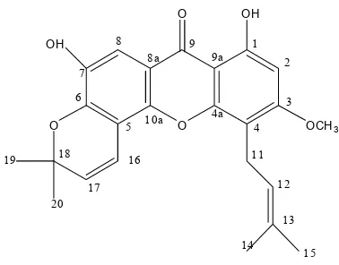 Gambar 1. Struktur  1,7-dihidroksi-3-metoksi-4-(3metilbut-2-enil),6’,6’- dimetilpirano (2’ , 3’ : 5,6) santon