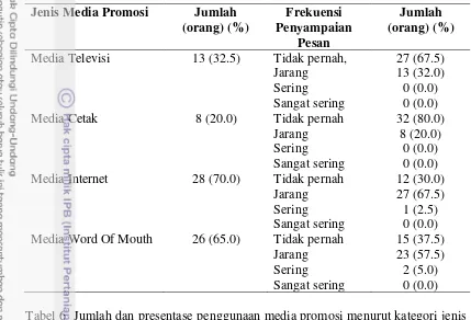 Tabel 6  Jumlah dan presentase penggunaan media promosi menurut kategori jenis 