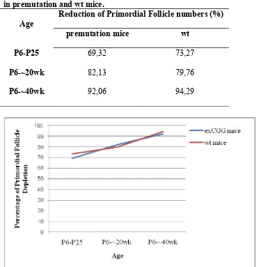 Table 5.2. Percentage of primordial follicle depletion from P6 to varying age in premutation and wt mice