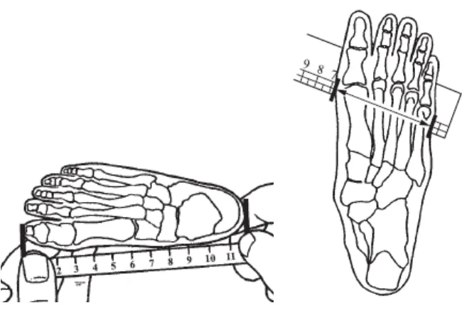 Gambar 2. Metode Pengukuran Panjang (kiri) dan Lebar Kaki (kanan)19 