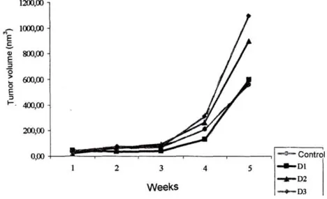 Figure 1. Tumor volume in the 1st, 2nd, 3rd, 4th, and 5th week in the control group and treatment groups of C3H mice receiving 70% ethanol extract of Mahkota dewa fruit pulp (*p < 0.05) 