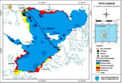 Gambar 11. Peta zonasi kawasan Danau Towuti (biru: perairan bebas; kuning:perairan penyangga; merah: kawasan konservasi; jingga: pemukiman)