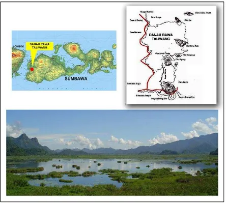 Gambar 1. Peta lokasi dan panorama Danau Rawa Taliwang