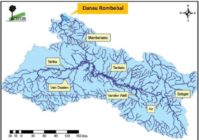 Gambar  3. Arah air masuk dan keluar Danau Rombebai pada saat SungaiMamberamo meluap (A) dan pada saat surut (B)