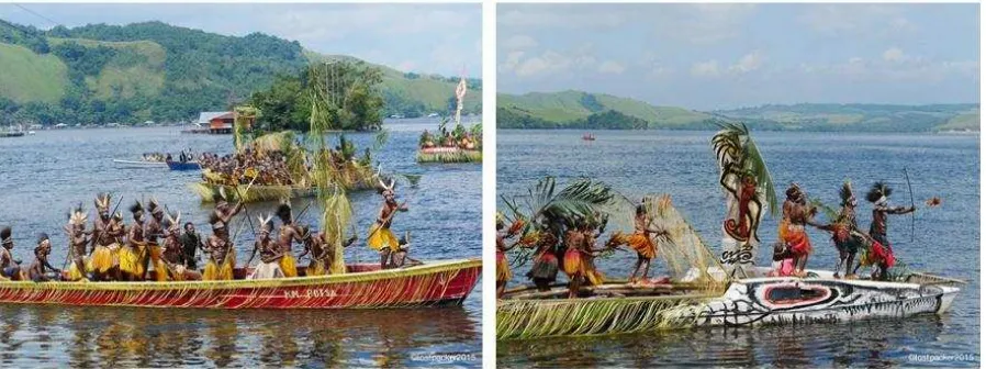 Gambar 8. Kiri: Pemanfaatan air Danau Sentani  untuk irigasi (Walukow, 2009).Kanan: Perahu merupakan sarana transportasi penting bagi masyarakat di Danau Sentani.