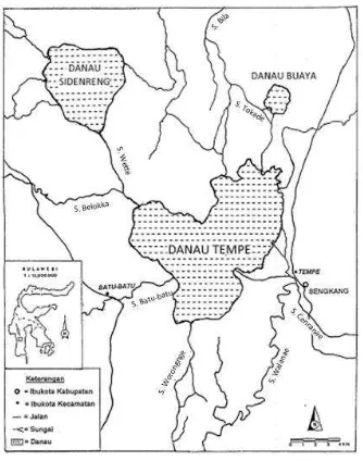 Gambar 2. Peta lokasi Danau Tempe, Danau Sidenreng dan Danau Buaya (Saleh,1998)